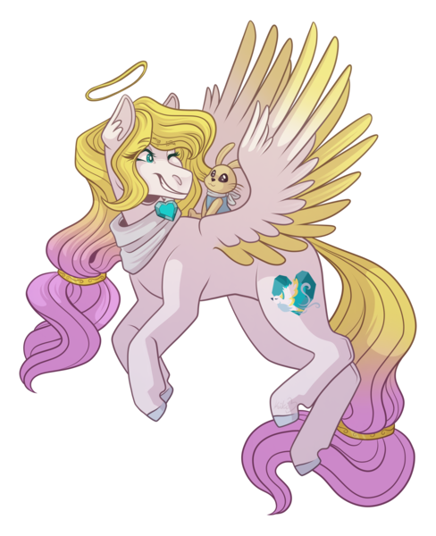 Size: 2600x3200 | Tagged: safe, artist:kikirdcz, derpibooru import, oc, oc:angel light, unofficial characters only, pegasus, pony, rabbit, animal, clothes, colored wings, ear fluff, eyelashes, female, full body, halo, heart, hooves, image, jewelry, looking back, mare, nimbus, png, scarf, simple background, smiling, solo, tail, transparent background, two toned wings, white background, wings