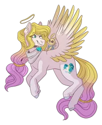 Size: 2600x3200 | Tagged: safe, artist:kikirdcz, derpibooru import, oc, oc:angel light, unofficial characters only, pegasus, pony, rabbit, animal, clothes, colored wings, ear fluff, eyelashes, female, full body, halo, heart, hooves, image, jewelry, looking back, mare, nimbus, png, scarf, simple background, smiling, solo, tail, transparent background, two toned wings, white background, wings