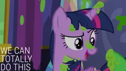 Size: 1920x1080 | Tagged: safe, derpibooru import, edit, edited screencap, editor:quoterific, screencap, twilight sparkle, twilight sparkle (alicorn), alicorn, a flurry of emotions, image, mashed peas, png, solo, twilight's castle
