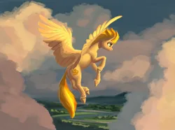 Size: 5000x3716 | Tagged: safe, artist:kirillk, derpibooru import, spitfire, pegasus, pony, butt, cloud, commission, female, flying, full body, image, jpeg, mare, scenery, solo, solo focus, spread wings, wings