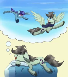 Size: 3508x3960 | Tagged: safe, artist:yudhaikeledai, derpibooru import, oc, oc:paradox, oc:sierra nightingale, unofficial characters only, pegasus, pony, dream, drool, flying, image, png, siblings, solo