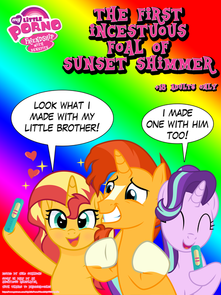 Size: 3888x5184 | Tagged: suggestive, artist:futuremattley, artist:n0kkun, artist:terminalhash, derpibooru import, editor:wild stallions, starlight glimmer, sunburst, sunset shimmer, pony, unicorn, comic:the first incestuous foal of sunset shimmer, my little porno: friendship with benefits, marks for effort, uncommon bond, blushing, brother and sister, clapping, cute, explicit description, eyes closed, female, glimmerbetes, grin, happy, heart, image, implied pregnancy, incest, male, mare, nervous, nervous grin, open mouth, png, pregnancy test, rainbow background, raised hoof, shimmerbetes, shimmerburst, shipping, siblings, smiling, starburst, straight, sunny siblings, trio, trio focus