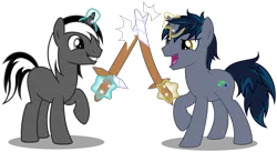 Size: 6730x3680 | Tagged: safe, artist:strategypony, derpibooru import, oc, oc:dark obsidian, oc:midnight slate, unofficial characters only, pony, unicorn, brothers, duo, duo male, image, magic, male, playing, png, siblings, simple background, stallion, sword, sword fight, telekinesis, transparent background, weapon, wooden sword