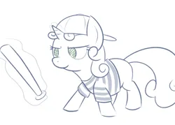 Size: 1280x917 | Tagged: safe, artist:thematrixman, derpibooru import, sweetie belle, pony, unicorn, baseball bat, baseball cap, cap, clothes, earthbound, female, glow, glowing horn, hat, horn, image, magic, monochrome, ness, png, shirt, simple background, solo, telekinesis, white background