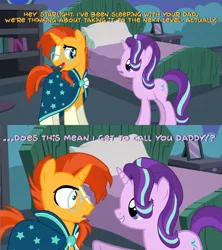 Size: 1920x2160 | Tagged: suggestive, artist:wissle, derpibooru import, starlight glimmer, sunburst, pony, unicorn, 2 panel comic, comic, daddy kink, female, full comic, gay, high res, image, implied firelight, implied incest, implied shipping, implied starburst, implied straight, incest play, male, mare, png, shipping, show accurate, sound at source, stallion, starlight's room, straight, talking about sex, vector, youtube link