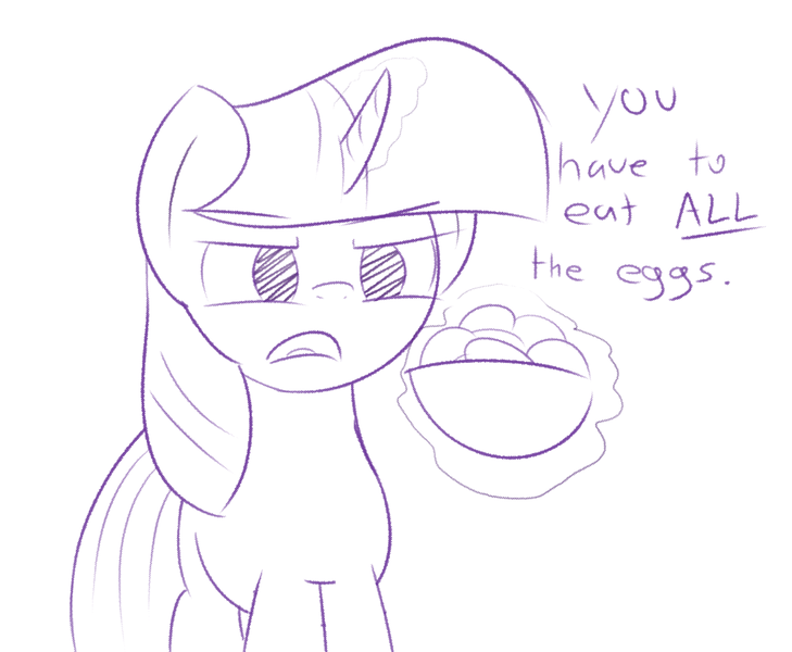 Size: 1280x1053 | Tagged: safe, artist:thematrixman, derpibooru import, twilight sparkle, pony, unicorn, female, glow, glowing horn, horn, image, magic, meme, monochrome, png, solo, telekinesis, unicorn twilight, you have to eat all the eggs