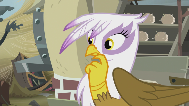 Size: 1920x1080 | Tagged: safe, screencap, gilda, gryphon, season 5, the lost treasure of griffonstone, book, bookshelf, cart, finger on mouth, folded wings, griffonstone, hand on chin, image, looking at someone, outdoors, oven, png, pondering, solo, spider web, statue, straw, thinking, wings