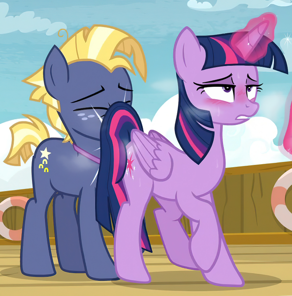 Size: 792x802 | Tagged: suggestive, anonymous editor, edit, edited edit, edited screencap, editor:anonymous, screencap, twibooru exclusive, star tracker, twilight sparkle, twilight sparkle (alicorn), alicorn, pony, once upon a zeppelin, blushing, bump, butt bump, estrus, eyes rolling back, female, image, male, mare, png, restoration, stallion, steam, sweat