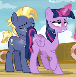 Size: 792x802 | Tagged: suggestive, anonymous editor, edit, edited edit, edited screencap, editor:anonymous, screencap, twibooru exclusive, star tracker, twilight sparkle, twilight sparkle (alicorn), alicorn, pony, once upon a zeppelin, blushing, bump, butt bump, estrus, eyes rolling back, female, image, male, mare, png, stallion, steam, sweat