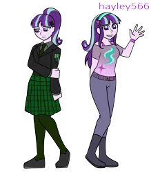 Size: 1992x2276 | Tagged: safe, artist:hayley566, derpibooru import, starlight glimmer, human, equestria girls, clothes, duality, duo, female, human starlight, image, png, s5 starlight, school uniform, simple background, solo, transparent background