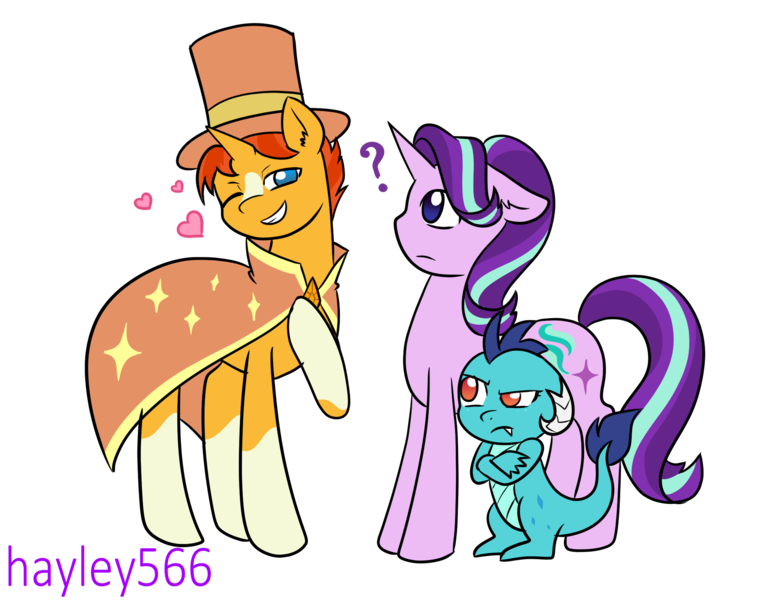 Size: 2110x1648 | Tagged: safe, artist:hayley566, derpibooru import, princess ember, sunburst, dragon, pony, unicorn, alternate universe, female, image, male, png, role reversal, simple background, transparent background, trio