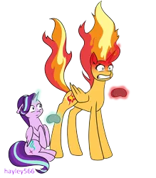 Size: 2448x2796 | Tagged: safe, artist:hayley566, derpibooru import, starlight glimmer, sunset shimmer, alicorn, pony, alicornified, angry, controller, duo, female, fire, glow, glowing horn, gritted teeth, horn, image, magic, mane of fire, png, race swap, shimmercorn, simple background, sitting, starlicorn, teeth, transparent background, video game, xk-class end-of-the-world scenario