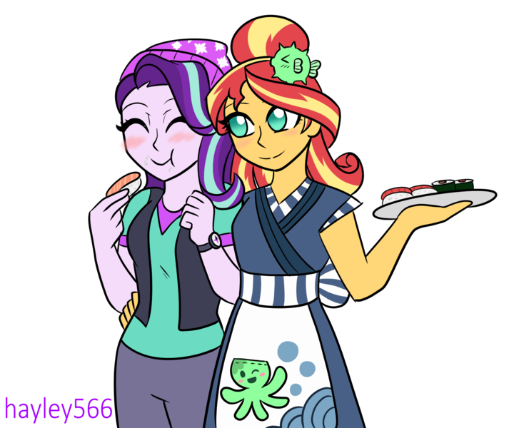 Size: 1846x1539 | Tagged: safe, artist:hayley566, derpibooru import, starlight glimmer, sunset shimmer, equestria girls, blushing, duo, female, food, image, lesbian, png, shimmerglimmer, shipping, simple background, sunset sushi, sushi, transparent background