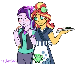 Size: 1846x1539 | Tagged: safe, artist:hayley566, derpibooru import, starlight glimmer, sunset shimmer, equestria girls, blushing, duo, female, food, image, lesbian, png, shimmerglimmer, shipping, simple background, sunset sushi, sushi, transparent background