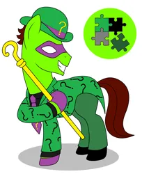 Size: 2160x2650 | Tagged: safe, artist:metal-jacket444, derpibooru import, ponified, earth pony, pony, batman, bowler hat, cane, clothes, cutie mark, dc comics, edward nygma, hat, image, mask, png, puzzle, puzzle pieces, riddler, simple background, solo, suit, white background