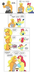 Size: 1427x3072 | Tagged: safe, artist:matchstickman, derpibooru import, apple bloom, applejack, anthro, earth pony, pony, tumblr:where the apple blossoms, abs, angry, apple brawn, applejacked, armpits, biceps, breasts, busty apple bloom, busty applejack, clothes, comic, deltoids, dumbbell (object), duo, faceoff, female, fingerless gloves, flexing, flexing muscles, gloves, image, jealous, mare, matchstickman's apple brawn series, muscles, muscular female, pecs, png, simple background, speech bubble, triceps, tumblr comic, weights, white background
