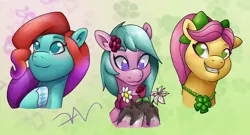 Size: 2800x1514 | Tagged: safe, artist:swasfews, derpibooru import, posey (g5), earth pony, pony, mane melody, my little pony: tell your tale, spoiler:g5, spoiler:my little pony: tell your tale, spoiler:tyts01e05, dahlia, female, g5, image, jazz (g5), jpeg, smiling, trio