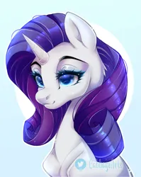 Size: 700x880 | Tagged: safe, artist:cabbage-arts, derpibooru import, rarity, pony, unicorn, bust, canon, digital art, eyelashes, female, horn, image, looking back, makeup, mare, png, portrait, simple background, smiling, solo