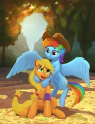 Size: 1966x2580 | Tagged: safe, artist:gouransion, derpibooru import, applejack, rainbow dash, earth pony, pegasus, pony, accessory swap, digital art, duo, happy, hat, hug, image, open mouth, open smile, png, smiling, spread wings, tree, wings