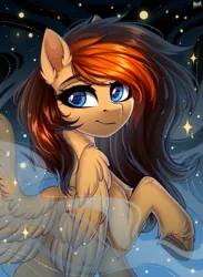 Size: 2200x3000 | Tagged: safe, artist:hakaina, derpibooru import, oc, oc:aerion featherquill, unofficial characters only, pegasus, pony, chest fluff, commission, ear fluff, female, hoof fluff, image, looking at you, looking back, mare, mist, night, png, raised hoof, solo, spread wings, underhoof, wings, ych result