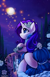 Size: 3300x5100 | Tagged: safe, artist:momo-deary, rarity, firefly (insect), insect, pony, unicorn, balcony, beautiful, clothes, crossed legs, cute, dress, eye reflection, female, flower, flower in hair, full moon, hoof shoes, image, mare, moon, night, paywall content, png, profile, raribetes, reflection, solo, starry night, stars, valley