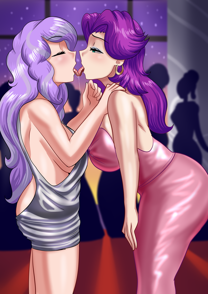 Size: 1453x2048 | Tagged: questionable, artist:thebrokencog, derpibooru import, diamond tiara, spoiled rich, human, big breasts, breasts, busty diamond tiara, busty spoiled rich, butt, clothes, commission, cougar, couple, crowd, dress, drool, drool string, duo, duo female, duo focus, ear piercing, earring, eyes closed, eyeshadow, female, females only, french kiss, hand on arm, hands on thighs, humanized, image, incest, jewelry, kissing, lesbian, lidded eyes, makeup, milf, minidress, mother and child, mother and daughter, older, piercing, png, public, salivating, sexy, shipping, sideboob, sinfully sexy, sloppy kissing