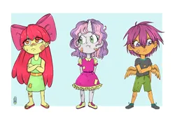 Size: 2039x1446 | Tagged: safe, artist:natt333, derpibooru import, apple bloom, scootaloo, sweetie belle, human, angry, bandaid, bandaid on nose, bruised, chibi, cutie mark crusaders, female, horn, horned humanization, humanized, image, png, pony coloring, trio, trio female, winged humanization, wings