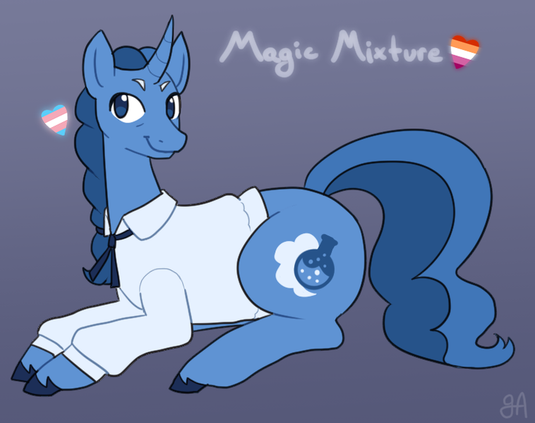 Size: 769x609 | Tagged: safe, artist:greenarsonist, derpibooru import, oc, oc:magic mixture, unofficial characters only, pony, unicorn, braid, clothes, female, horn, image, lesbian, lesbian pride flag, png, pride, pride flag, shirt, trans female, transgender, transgender pride flag, unicorn oc