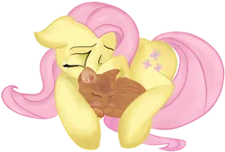 Size: 1024x691 | Tagged: safe, artist:starsongdusk, derpibooru import, fluttershy, cat, pegasus, pony, curled up, duo, eyes closed, female, floppy ears, image, lying down, mare, png, raised hoof, simple background, sleeping, stray (game), teary eyes, transparent background