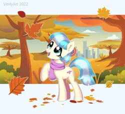 Size: 1112x1012 | Tagged: safe, artist:vinilyart, derpibooru import, coco pommel, earth pony, pony, autumn, city, cityscape, clothes, cocobetes, cute, female, image, leaves, mare, open mouth, open smile, park, png, raised hoof, scarf, smiling, solo, tree