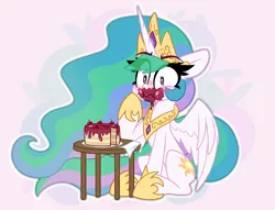 Size: 2542x1940 | Tagged: safe, artist:nekro-led, derpibooru import, princess celestia, alicorn, pony, abstract background, blushing, cake, cakelestia, crown, cute, eye clipping through hair, food, image, jewelry, png, puffy cheeks, regalia, surprised, table, wings