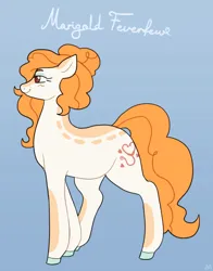 Size: 932x1188 | Tagged: safe, artist:greenarsonist, derpibooru import, oc, oc:marigold feverfew, unofficial characters only, earth pony, pony, curly mane, curly tail, earth pony oc, hair bun, image, makeup, png, solo, tail