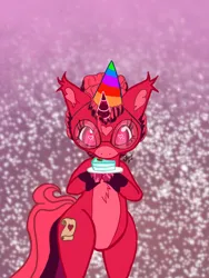 Size: 1620x2160 | Tagged: safe, artist:weegeepie-nightring, derpibooru import, oc, oc:venus red heart, unofficial characters only, pony, unicorn, bipedal, birthday, birthday cake, birthday gift, cake, chest fluff, cute, female, food, glasses, hat, image, mare, markings, party hat, plate, png, solo, unshorn fetlocks