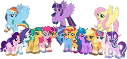 Size: 6000x2817 | Tagged: safe, artist:emeraldblast63, derpibooru import, applejack, fluttershy, hitch trailblazer, izzy moonbow, pinkie pie, pipp petals, rainbow dash, rarity, sparky sparkeroni, starlight glimmer, sunny starscout, sunset shimmer, twilight sparkle, twilight sparkle (alicorn), zipp storm, alicorn, dragon, earth pony, pegasus, pony, unicorn, g5, anniversary art, female, image, mane five (g5), mane six, mare, misty brightdawn, png, simple background, transparent background