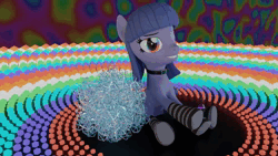 Size: 960x540 | Tagged: safe, artist:the luna fan, derpibooru import, oc, oc:cosmia nebula, unofficial characters only, pony, 3d, absurd file size, animated, blender, blender eevee, choker, clothes, fractal, high, image, not maud pie, potion, rainbow background, rainbow eyes, smiling, socks, solo, sound, stoned, striped socks, tripping balls, webm