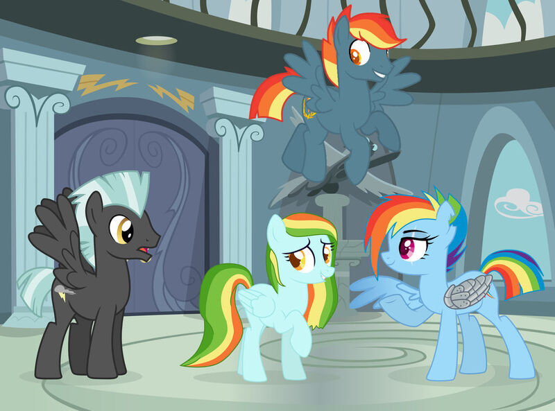 Size: 1024x759 | Tagged: safe, artist:lillyleaf101, derpibooru import, rainbow dash, thunderlane, oc, oc:autumn wind, oc:swift sprint, pegasus, pony, alternate timeline, amputee, apocalypse dash, artificial wings, augmented, base used, crystal war timeline, female, image, jpeg, male, mare, offspring, parent:rainbow dash, parent:thunderlane, parents:thunderdash, prosthetic limb, prosthetic wing, prosthetics, shipping, stallion, straight, thunderdash, wings