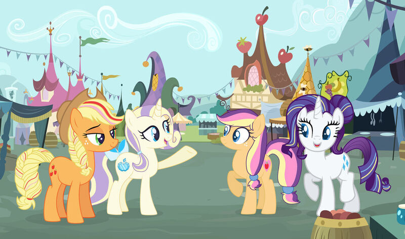 Size: 1024x606 | Tagged: safe, artist:lillyleaf101, derpibooru import, applejack, rarity, oc, oc:apple jewel, oc:pink lady, earth pony, pony, unicorn, alternate hairstyle, base used, female, image, jpeg, lesbian, magical lesbian spawn, mare, offspring, parent:applejack, parent:rarity, parents:rarijack, rarijack, shipping