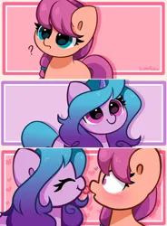 Size: 5184x7041 | Tagged: safe, artist:kittyrosie, derpibooru import, izzy moonbow, sunny starscout, earth pony, pony, unicorn, absurd resolution, blushing, cute, female, g5, image, izzybetes, izzyscout, lesbian, licking, mlem, nose licking, png, shipping, silly, tongue out