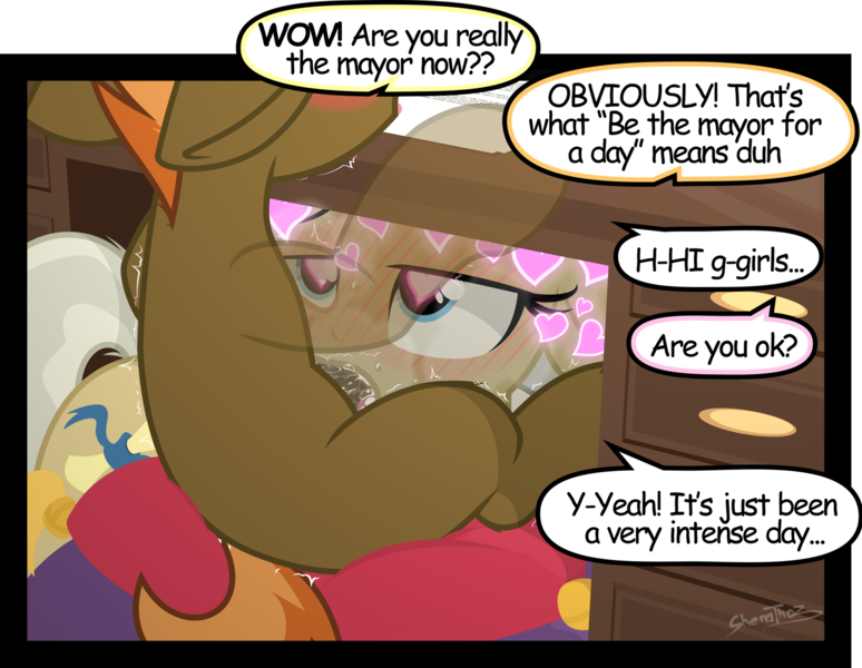 Size: 1500x1163 | Tagged: explicit, artist:sherathoz, derpibooru import, button mash, mayor mare, pony, age difference, blank flank, blowjob, colt, colt on mare, commission, desktop, dialogue, female, foal, foalcon, image, male, mare, mare on colt, nudity, office, oral, penis, png, sex, straight, straight shota, underage