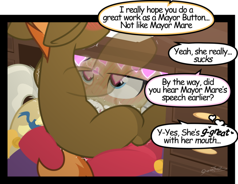 Size: 1500x1163 | Tagged: explicit, alternate version, artist:sherathoz, derpibooru import, button mash, mayor mare, pony, age difference, blank flank, blowjob, colt, colt on mare, commission, cum, cum in mouth, desktop, dialogue, female, foal, foalcon, image, male, mare, mare on colt, nudity, office, oral, penis, png, sex, straight, straight shota, underage