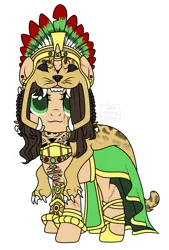 Size: 2033x3000 | Tagged: safe, artist:elberas, derpibooru import, oc, oc:marenalaxochi, unofficial characters only, big cat, jaguar (animal), pony, unicorn, :3, aztec, bracelet, clothes, ear piercing, earring, eye scar, facial scar, female, headdress, hoof shoes, image, jewelry, looking at you, mare, pelt, piercing, png, regalia, robe, scar, simple background, skirt, solo, tattoo, white background