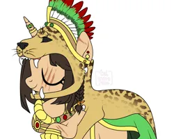 Size: 3742x3000 | Tagged: safe, artist:elberas, derpibooru import, oc, oc:marenalaxochi, unofficial characters only, big cat, jaguar (animal), pony, unicorn, aztec, bracelet, clothes, ear piercing, earring, eye scar, eyes closed, facial scar, feather, female, headdress, horn, horn ring, image, jewelry, mare, pelt, piercing, png, raised hoof, regalia, ring, robe, scar, simple background, skirt, solo, tattoo, white background