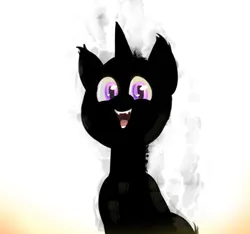 Size: 942x881 | Tagged: safe, artist:testostepone, derpibooru import, oc, oc:verlo streams, pony, unicorn, burned, fangs, happy, horn, image, no mane, no tail, png, purple eyes, simple background, smiling, smoke, smoking, solo, unicorn oc, white background