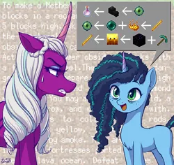 Size: 800x755 | Tagged: safe, artist:uotapo, derpibooru import, opaline, alicorn, pony, unicorn, g5, my little pony: make your mark, spoiler:g5, spoiler:my little pony: make your mark, blaze (minecraft), blaze powder, blaze rod, curved horn, diamond pickaxe, dragon's breath, duo, duo female, ender dragon, ender pearl, eye of ender, eyeshadow, female, freckles, gritted teeth, horn, image, instructions, jpeg, makeup, mare, minecraft, misty brightdawn, obsidian, opaline is not amused, open mouth, open smile, pickaxe, pictogram, smiling, speech bubble, sweat, sweatdrop, talking, teeth, unamused
