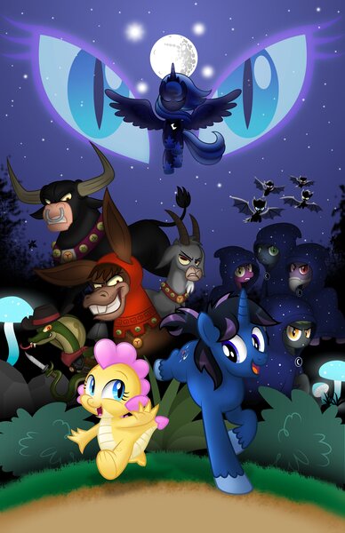 Size: 2650x4096 | Tagged: safe, artist:aleximusprime, derpibooru import, bray, princess luna, oc, oc:bellow, oc:bleat, oc:buttercream the dragon, oc:dagger, oc:nightwatch, oc:noctura, oc:nox, oc:oscura, oc:tenebris, alicorn, bat pony, bull, cobra, donkey, dragon, goat, pony, snake, unicorn, fanfic, flurry heart's story, baby, baby dragon, bat pony oc, bat wings, beard, bell, bells, belt, bovine, brotherhood of grogar, bush, cloak, cloaked, clothes, cowboy hat, cult of eternal night, cultist, dragoness, evil grin, eyes closed, facial hair, fanfic art, fanfic cover, fangs, female, flying, g1, g1 to g4, g4, generation leap, grin, hat, hood, hooded cape, horn, horns, image, jpeg, knife, looking at each other, looking at someone, male, mare, mare in the moon, moon, mushroom, my little sister is a dragon, night, night sky, nightmare eyes, nose piercing, nose ring, oc villain, piercing, s1 luna, scarf, sky, smiling, stallion, stetson, unicorn oc, unshorn fetlocks, wings