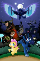 Size: 2650x4096 | Tagged: safe, artist:aleximusprime, derpibooru import, bray, princess luna, oc, oc:bellow, oc:bleat, oc:buttercream the dragon, oc:dagger, oc:nightwatch, oc:noctura, oc:nox, oc:oscura, oc:tenebris, alicorn, bat pony, bull, cobra, donkey, dragon, goat, pony, snake, unicorn, fanfic, flurry heart's story, baby, baby dragon, bat pony oc, bat wings, beard, bell, bells, belt, bovine, brotherhood of grogar, bush, cloak, cloaked, clothes, cowboy hat, cult of eternal night, cultist, dragoness, evil grin, eyes closed, facial hair, fanfic art, fanfic cover, fangs, female, flying, g1, g1 to g4, g4, generation leap, grin, hat, hood, hooded cape, horn, horns, image, jpeg, knife, looking at each other, looking at someone, male, mare, mare in the moon, moon, mushroom, my little sister is a dragon, night, night sky, nightmare eyes, nose piercing, nose ring, oc villain, piercing, s1 luna, scarf, sky, smiling, stallion, stetson, unicorn oc, unshorn fetlocks, wings