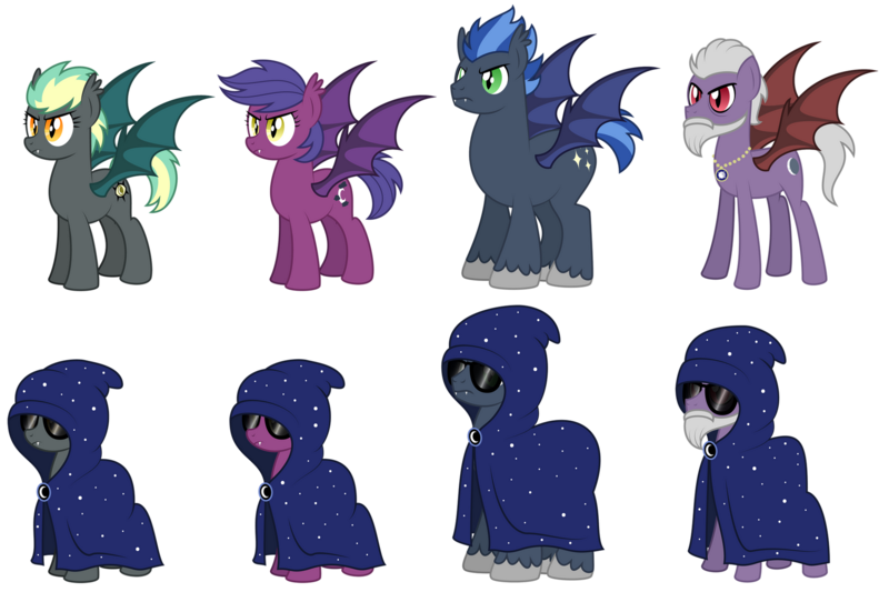 Size: 1920x1279 | Tagged: safe, artist:aleximusprime, derpibooru import, oc, oc:noctura, oc:nox, oc:oscura, oc:tenebris, unofficial characters only, bat pony, pony, flurry heart's story, bat pony oc, bat wings, beard, cloak, cloaked, clothes, cult of eternal night, cultist, facial hair, fangs, female, hood, image, jewelry, male, mare, my little sister is a dragon, necklace, png, simple background, stallion, sunglasses, transparent background, unshorn fetlocks, wings