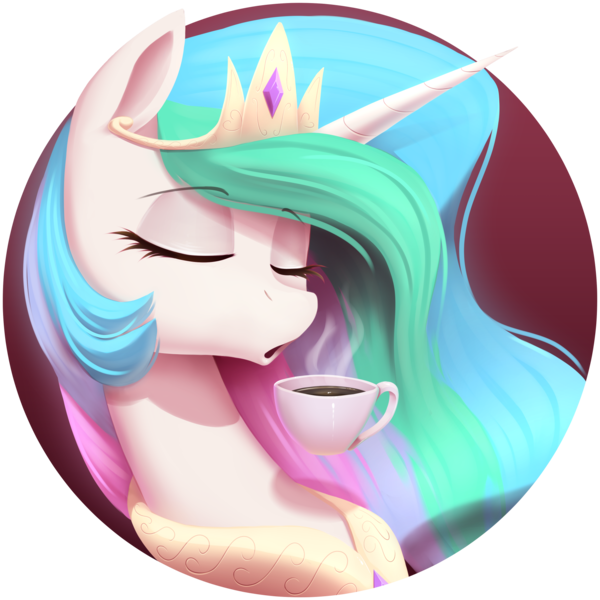 Size: 1750x1750 | Tagged: safe, artist:thebatfang, derpibooru import, princess celestia, alicorn, pony, coffee, coffee cup, cup, eyes closed, female, gradient background, image, jewelry, png, regalia, simple background, solo, solo female, steam, transparent background