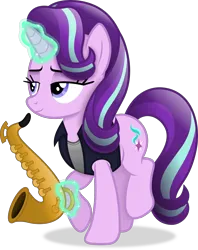 Size: 2874x3634 | Tagged: safe, artist:anime-equestria, derpibooru import, starlight glimmer, pony, unicorn, clothes, female, horn, image, levitation, lidded eyes, magic, mare, musical instrument, png, saxophone, simple background, smiling, solo, telekinesis, transparent background, vector