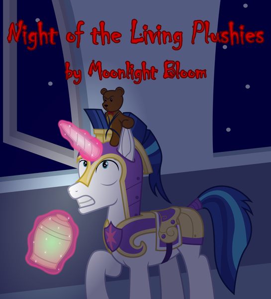 Size: 1559x1716 | Tagged: safe, artist:moonlight bloom, derpibooru import, shining armor, pony, unicorn, fanfic:night of the living plushies, animate object, armor, cookie, cookie jar, cover art, dark, ear pull, food, image, jar, magic, magic aura, male, night, open window, plushie, png, solo, stallion, stars, surprised, teddy bear, telekinesis, window